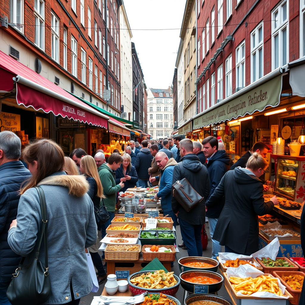 Bustling Copenhagen street food market with locals enjoying traditional Danish dishes, colorful food stalls, and authentic Nordic atmosphere