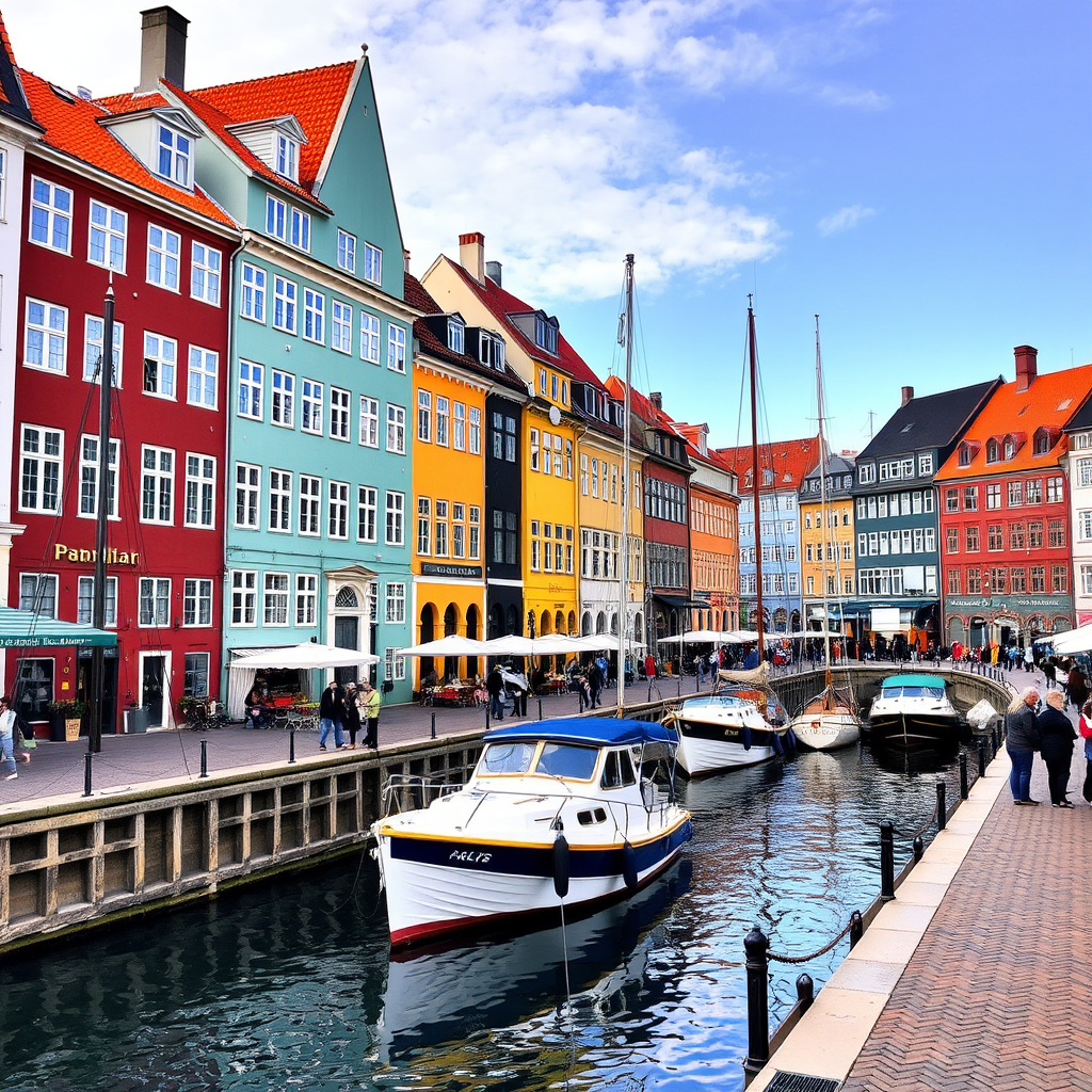 Colorful historic buildings along Nyhavn canal in Copenhagen with traditional Danish architecture, boats moored in the harbor, and tourists walking along the cobblestone waterfront